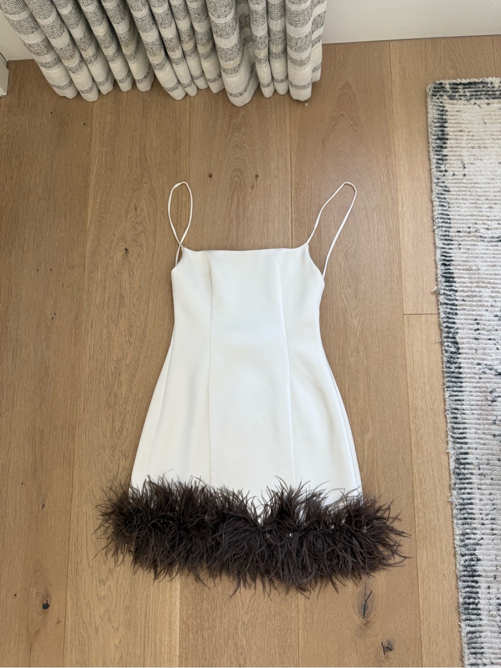 Zara Viral Feather Trim Mini Dress Ivory Brown Size S NWT - Picture 5 of 9